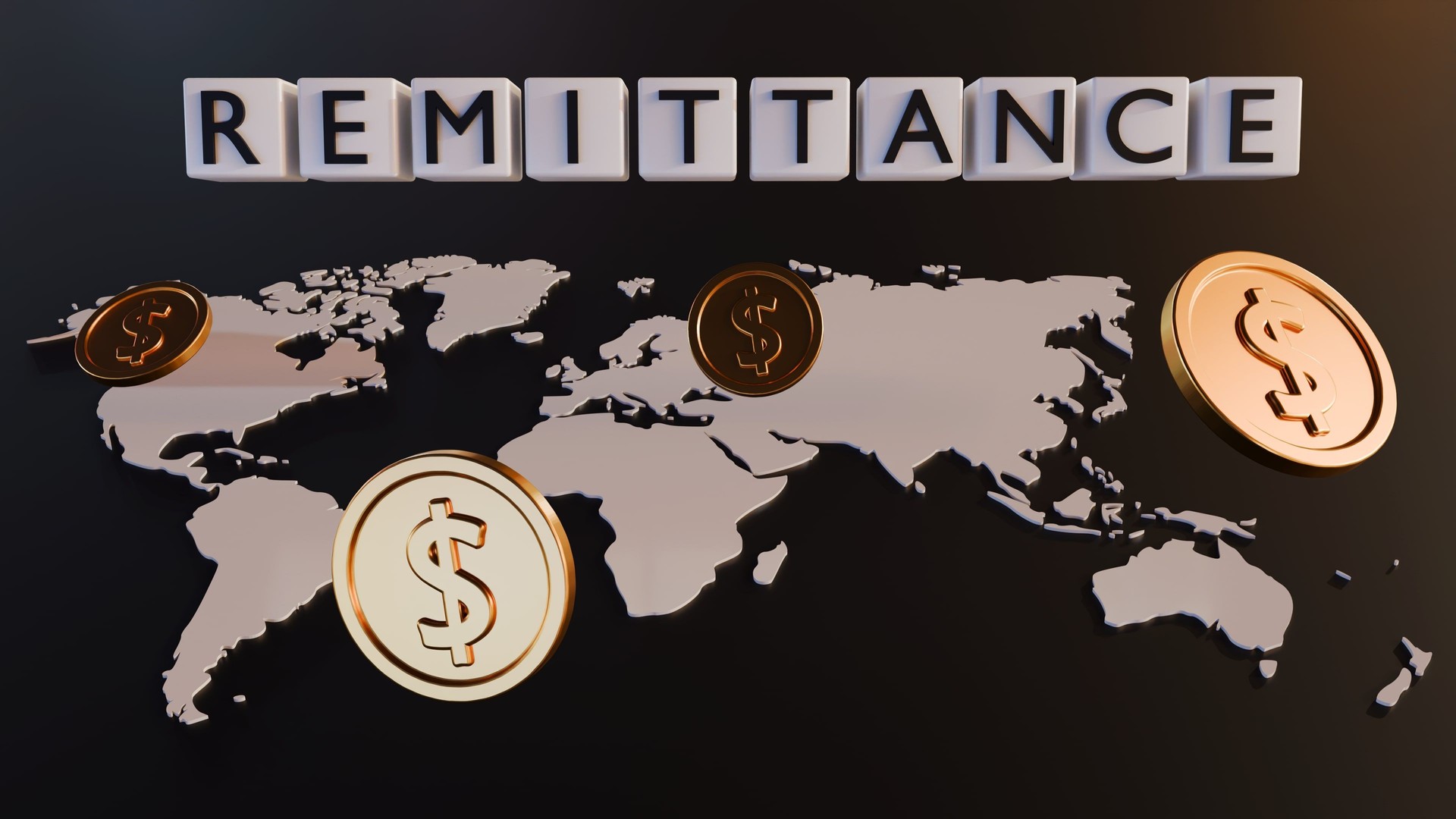 The word "REMITTANCE" with a world map and dollar-sign coins.