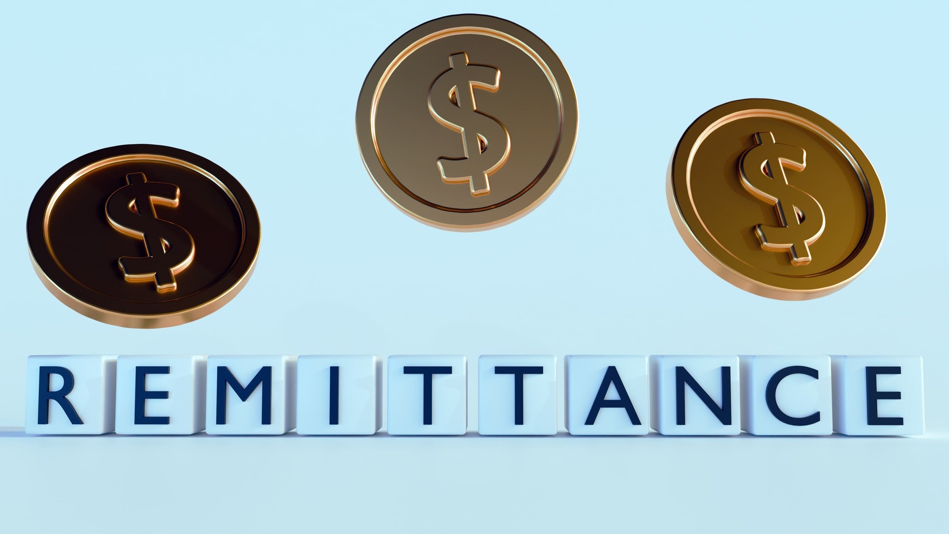 the word "REMITTANCE" is spelled out in letters on white cubes and golden coins